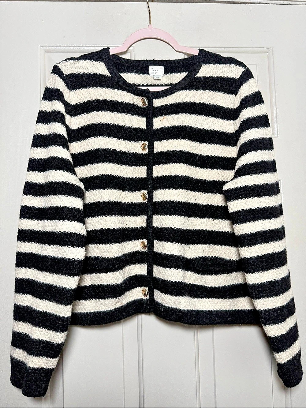 a new day Women's Button-Up Sweater Cardigan Striped Black & Cream XXL